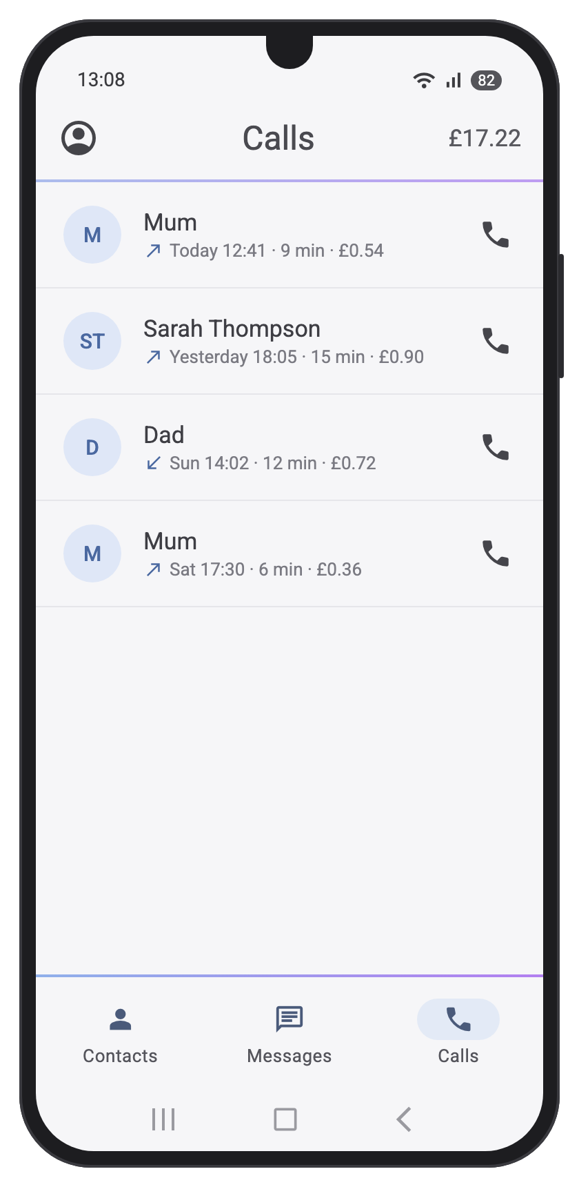 Socrates Connect recent calls showing time, duration and cost of each call