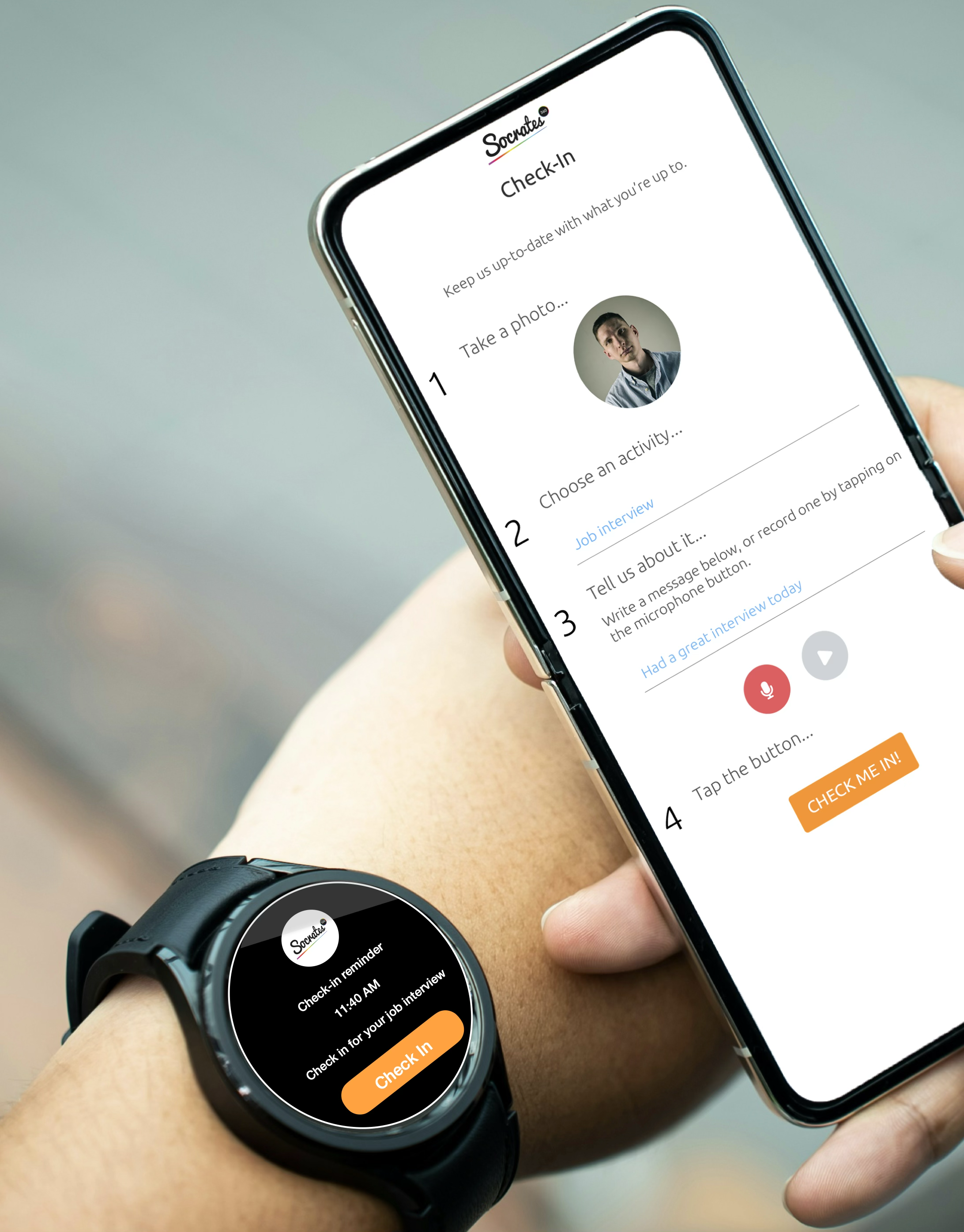 Smartwatch showing a check-in reminder for a job interview
